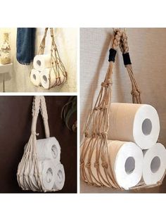 three pictures showing different types of toilet paper hanging from the wall and on the floor