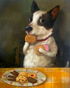 a painting of a dog eating cookies on a plate