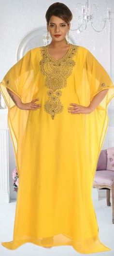 Yellow color Kaftan in Georgette fabric with Embroidered, Thread work Yellow Baby Shower Dress, Jalabiya Dress, Eastern Dresses, Kaftan Abaya, Muslim Dress, Half Sleeve Dresses, Georgette Fabric, African Wear, Kaftan Dress