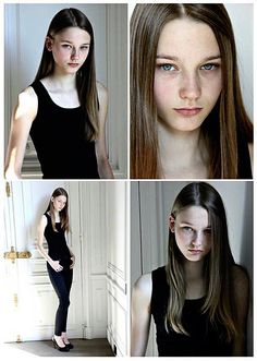 four different pictures of a woman with long brown hair and blue eyes, wearing black