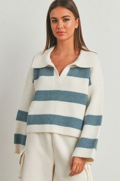 DETAILS: ♡ Stripe Drop Shoulder with Wide Collar Sweater - a perfect blend of comfort and style! This trendy sweater features eye catching stripes and a chic wide collar, making a bold statement effortlessly. ♡ Model is wearing a size Medium ♡ 42% Acrylic, 28% Polyamide, & 30% Polyester Trendy Sweater, Trendy Sweaters, Fall Clothes, Drop Shoulder Sweaters, Style Upgrade, Collar Sweater, Striped Sweater, Mode Inspiration, Preppy Outfits