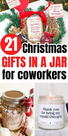 christmas gifts in a jar for coworkers with text overlay that reads, 20 christmas gifts in a jar for coworkers