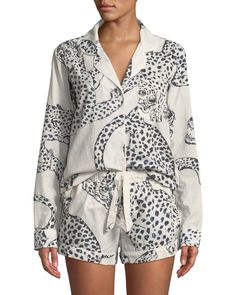 Desmond & Dempsey Leopard Print Classic Short Pajama Set | Neiman Marcus Desmond Dempsey, Designer Pajamas, Sleepwear & Loungewear, Cotton Pyjamas, Short Pajama Set, Long Sleeve Pyjamas, Notched Collar, Pajama Shorts, Pj Sets