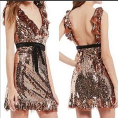 Free People Siren Sequin Sparkly Mini Dress Allover Sequin Dress, V-Neck, Low Cut Back, Ruffle Hem And Neckline, Sleeveless, Lined, Ties At Waist, Hidden Side Zip Closure Size: 2 Color: Tribeca Style: Ob906768 New With Tags Free People Sequin Dress, Rose Gold Sequin Dress, Sparkly Mini Dress, Gold Sequin Dress, Free People Mini Dress, Holiday Party Dresses, Cocktail Evening Dresses, Mini Slip Dress, Cocktail Party Dress