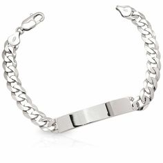 925 Sterling Silver 8mm Cuban Curb I.D Bar Chain Bracelet 8" This .925 sterling silver cuban chain of subtly twisted links lays flat with beveled facet cuts to intensify reflective shine. The bracelet measures 8 inches in length, 8 mm in width and 19.6 grams in weight. This chain securely locks with lobster clasp closure. The sterling silver ID plate is the perfect place to have initials, name, or nickname engraved. Show yourself as the handsome and sophisticated individual you are with this stu Silver Cuban Chain, Id Bracelets, Cuban Chain, Chain Bracelet, Lobster Clasp, Perfect Place, Initials, 925 Sterling Silver, Bar