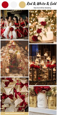 red and white wedding collage with gold accents