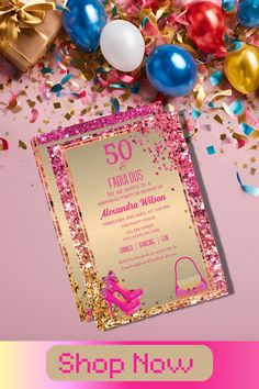 a pink and gold birthday party with confetti