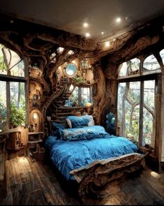 a bed room with a large window and a spiral staircase