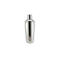 a stainless steel cocktail shaker on a white background