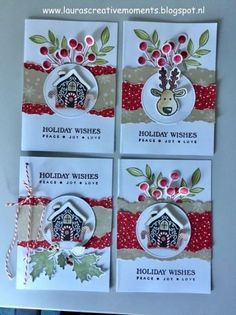 four christmas cards with holly wishes and a house on the front, one for holiday wishes