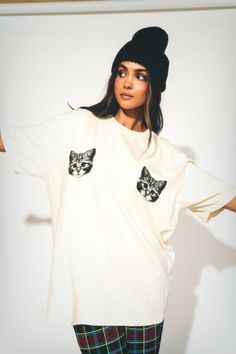 Show Me Your Kitties Oversized Tee in Ivory – Dressed in Lala Cream Screen Print T-shirt For Streetwear, Oversized Cat Print Crew Neck Top, Oversized Crew Neck Tops With Cat Print, Oversized Cotton Tops With Cat Print, Cream Relaxed Fit T-shirt With Screen Print, Oversized Cream Tops With Graphic Print, Oversized Cream Top With Graphic Print, Satin Playsuit, 2024 Design