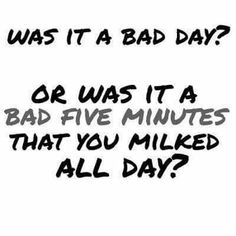 a black and white photo with the words, was it a bad day? or was it a bad five minutes that you milked all day?