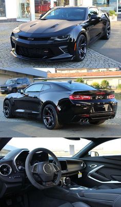 the inside and outside view of a black sports car