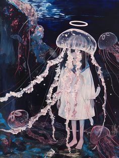 a painting of a girl with an angel halo and jellyfish