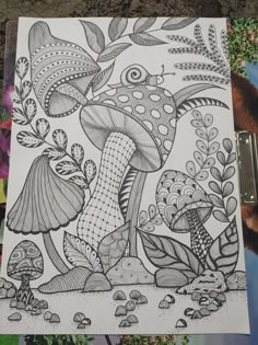 a drawing of mushrooms and plants in black and white ink on a piece of paper