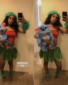 two pictures of a woman dressed up as lili and stitch, holding a baby