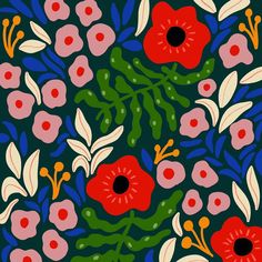 an abstract floral pattern with red, pink and blue flowers on a dark green background