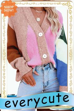 Pink Color Block Buttons Drop-shoulder Sleeve Cardigan Sleeve Cardigan, Cardigan Tops, Winter Sweaters, Shoulder Sleeve, Drop Shoulder, Pink Color, Color Block, Cardigans, Fall Winter