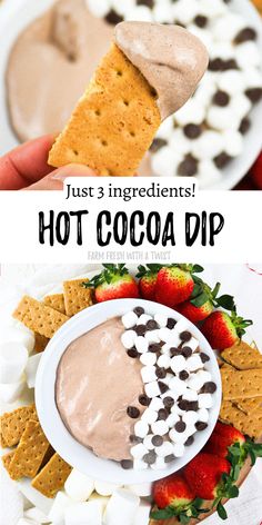 this is an image of hot cocoa dip with strawberries and marshmallows