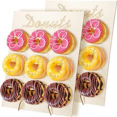 two greeting cards with doughnuts on them, one is pink and the other is yellow