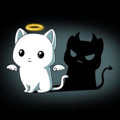 two cats sitting next to each other on a dark background with an angel above them