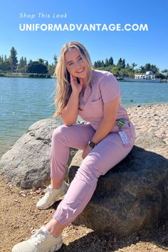 Woman sitting on a rock at the beach wearing the MOVEMENT by Butter-Soft Ceti V-Neck Tuck-In STRETCH Scrub Top and Cephei Jogger Scrub Pants Jogger Scrubs, Wonderwink Scrubs, Everyday Uniform, Anti Wrinkle Treatments, Cute Scrubs, Scrubs Outfit, Scrubs Uniform, Everyday Heroes