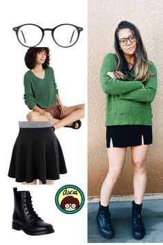 a woman in green sweater and black skirt with glasses