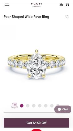 a yellow gold engagement ring with diamonds on the side and an image of a pear shaped diamond