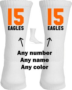 Moisture Wicking Sport Socks 98% Polyester & 2% Spandex Socks fit Shoe Sizes 6-12 * You can print whatever color or colors you would like. * Print on the side or the back White Sports Socks With Letter Print, White Non-slip Socks For Stocking Stuffers, Non-slip White Socks For Stocking Stuffers, Cheer Socks, Volleyball Socks, Number Names, Football Numbers, Volleyball Photos, Dance Socks