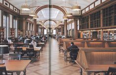 an open book with people sitting at tables in the middle and bookshelves on both sides