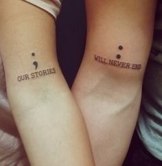 two people with matching tattoos that say, our stories will never end on their arms