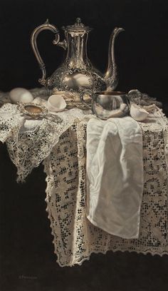 an oil painting of a silver tea pot on a table with white linens and lace