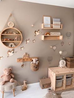 a child's room with teddy bears, toys and other items on the wall