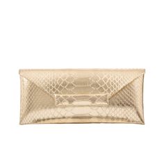 Nile Clutch in Metallic Gold Python by Cape Cobra Envelope clutch with decorative flap detail. Includes detachable underarm chain. Interior: leather and goat suede lining with pockets. Dimensions: Height 5.1 inch | Length 11.2 inch | Width 0.4 inch Not your color? Enquire at team@supportherstory.com Leather Clutch With Fold Over Clasp For Party, Elegant Leather Envelope Evening Bag, Luxury Evening Bag With Fold Over Clasp For Party, Elegant Gold Leather Clutch, Luxury Envelope Clutch For Formal Occasions, Elegant Magnetic Closure Envelope Evening Bag, Elegant Leather Envelope Clutch, Leather Envelope Evening Bag For Formal Occasions, Formal Envelope Clutch With Removable Pouch