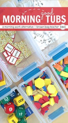 some plastic containers filled with different colored cubes and numbers on top of each other