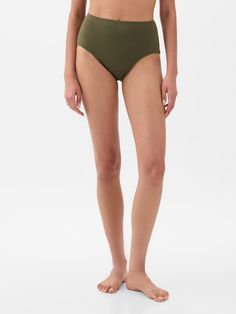 Smooth, stretch bikini bottoms.  Certain styles have allover prints or texture.  High rise.  Full back coverage.  Models wearing Gap Swim Fashion, Gingham Print, Gingham, Olive Green, Gap, High Rise, Swimming, Models, Texture