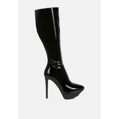 For The Winter Stunner, This High Heeled Patent Long Boot Will Grab All Looks! The High Platform Elevates The Height Further, The Pointed Heels Make It Sharp. Comes With Long Side Zipper Which Makes It Easy To Wear. The Calf High Heeled Boots Have Elasticated Gussets Which Add To Flexibility And Fit. Type: Bootsheel Type: Stilettopointed Toeupper Material: Patent Leatherettelining: Soft Leatheretteoutsole: Rubberhigh Pointed Heelhigh Platformside Zipper Detailhigh Heeled Calf Bootsrcsh3896 Sleek Knee-high Platform Boots For Party, Patent Leather High Heel Knee-high Boots For Evening, Evening High Heel Patent Leather Knee-high Boots, Evening Patent Leather High Heel Knee-high Boots, Fitted Black Platform Boots With Rubber Heel Cap, Fitted High Ankle Synthetic Heels, Night Out Patent Leather Platform Boots, Platform High Heel Knee-high Boots For Night Out, High Heel Platform Knee-high Boots For Night Out