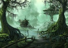 a swampy area with lots of trees and houses in the woods, surrounded by moss