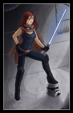 a drawing of a woman with a light saber in her hand