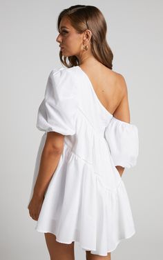 Harleen Mini Dress - Asymmetrical Trim Puff Sleeve Dress in White | Showpo USA Bohemian Sundress, Mimi Dress, Bohemian Mini Dress, Dress With Corset, Blue Velvet Dress, Chevron Dress, Sleeveless Dress Summer, Super Cute Dresses, Puffed Sleeves Dress