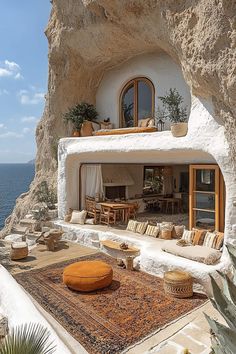 a house built into the side of a cliff by the ocean with an outdoor seating area