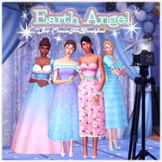 three women standing in front of a camera on a stage with the words earth angel above them