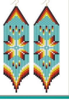 two cross stitch earrings hanging from hooks, each with different colors and designs on them