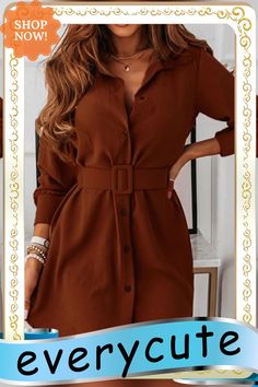 Fashion Long Sleeved Shirt Dress for Women Long Sleeve Belted Shirt Dress For Date Night, Fitted Belted Shirt Dress For Fall, Belted Fitted Shirt Dress For Fall, Trendy Brown Dress For Work, Fitted Solid Color Shirt Dress For Fall, Long Sleeve Shirt Dress For Office Wear In Fall, Chic Fall Shirt Dress For Office Wear, Fall Mini Dress With Belt And Collar, Fall Office Wear Collared Shirt Dress