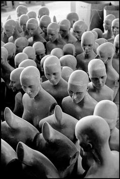 a group of people that are standing in front of each other with heads on their backs