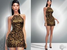 a woman in a leopard print dress poses for the camera and wears high heels with her long black hair