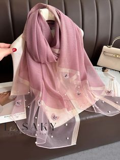 Lasaky - Exquisite Butterfly Embroidered Beaded Scarf in Luxurious Imitation Silk, Lightweight and Elegant Embroidery Beaded, Purple Theme, Beaded Scarf, Pattern Butterfly, Butterfly Style, Pink Wine, Butterfly Embroidery, Scarf Poncho, Summer Scarves