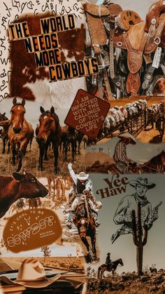 the collage shows cowboys, cattle, and horses in various poses with words written on them