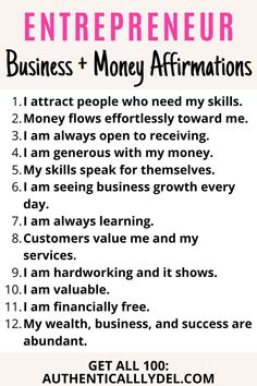 100 entrepreneur affirmations Daily Affirmations Success, Entrepreneur Affirmations, Business Prayer, Business Affirmations, Money Prayer, Right Mindset, Business Inspiration Quotes, Vision Board Manifestation, Wealth Affirmations