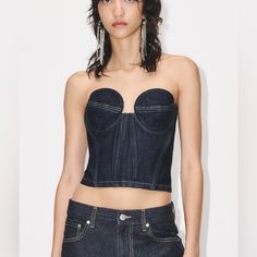 New With Tag Size Small Fitted Denim Party Top, Long Spaghetti Strap Dress, Denim Bustier, Cropped White Tee, Black Tube Top, Shiny Pants, Strapless Bustier, Feminine Top, Zara Crop Top